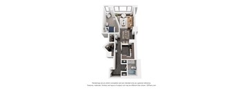 A 3D floor plan of a small apartment with a kitchen, living room, and bathroom.