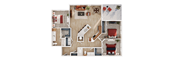 A top-down view of a house layout with a living room, kitchen, and bedrooms.