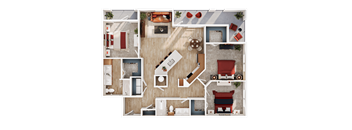 A top-down view of a house layout with a living room, kitchen, and bedrooms.