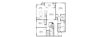 A floor plan of a house with a living room, dining room, kitchen, and three bedrooms.