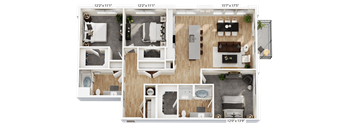 A floor plan of a two-bedroom apartment with a living room, kitchen, and bathroom.