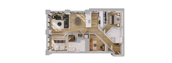 A floor plan of a house with a living room, kitchen, and two bedrooms.
