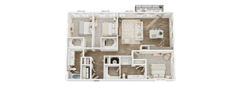 A 3D floor plan of a house layout.