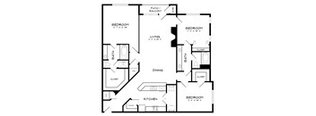 A black and white image of a house floor plan with a living room, kitchen, dining room, and four bedrooms.