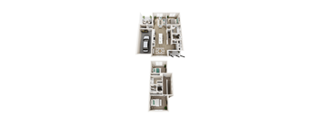 A top and side view of a small apartment with a car parked in the garage.