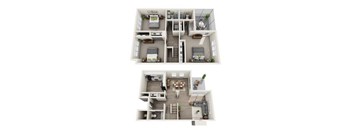 A top-down view of a two-story apartment with a living room, kitchen, and bedrooms.