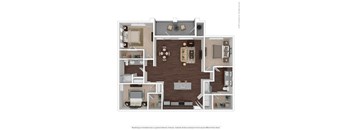 A floor plan of a house with a living room, dining room, kitchen, and multiple bathrooms.