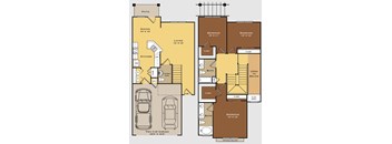A floor plan of a house with a garage and a patio.