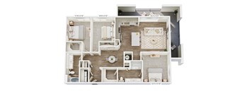 A floor plan of an apartment with a living room, kitchen, and two bedrooms.