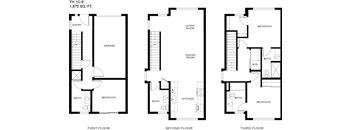 A diagram shows the layout of a three-bedroom, one-bathroom apartment.