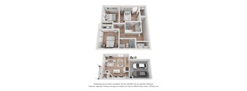 A 3D floor plan of a house with two bedrooms, a living room, a kitchen, a bathroom, and a garage.