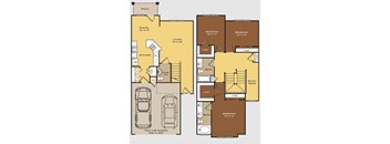 A floor plan of a house with a patio, two bedrooms, a living room, a dining room, a kitchen, a study nook, a bath, and a two car garage.
