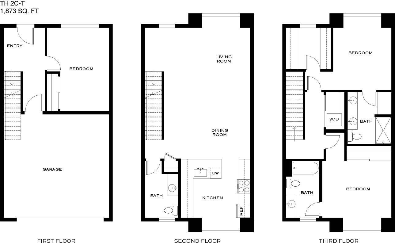 A set of three black and white floor plans for a 1,873 square foot home.