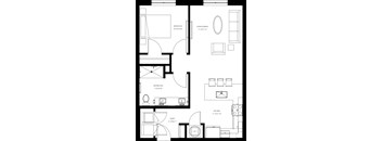 A black and white image of a floor plan for a home with a bedroom, living/dining area, kitchen, and bathroom.