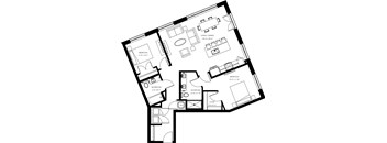 A black and white image of a house floor plan with a living/dining area, two bedrooms, two bathrooms, and a closet.