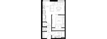 A floor plan of a small apartment with a kitchen, living room, bedroom, bathroom, and entry.