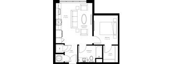 A black and white image of a floor plan for a small apartment.