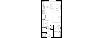 A floor plan of a small apartment with a kitchen, living room, and bathroom.
