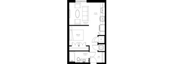 A black and white image of a floor plan for a small apartment.