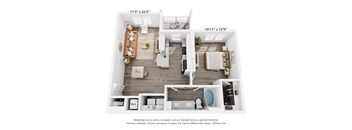 a 1 bedroom floorplan is shown with a bedroom and living room