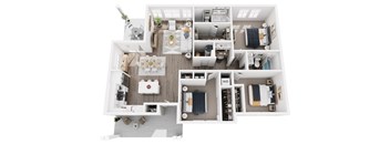 A top-down view of a well-organized apartment with a kitchen, living room, and bedrooms.