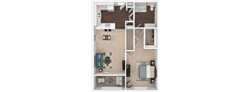 A floor plan of a small apartment with a kitchen, living room, and bedrooms.