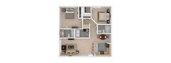 A top-down view of a small apartment layout with a living room, kitchen, and bathroom.