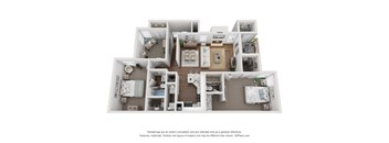 A 3D floor plan of a house with multiple rooms and furniture.