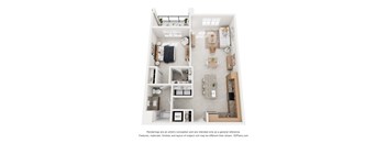 A 3D floor plan of a house with a kitchen, living room, and bathroom.