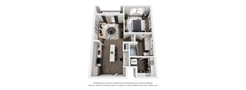 A 3D floor plan of a small apartment with a kitchen, living room, and bathroom.