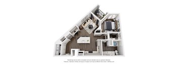 A 3D floor plan of a house with a kitchen, living room, and bedrooms.