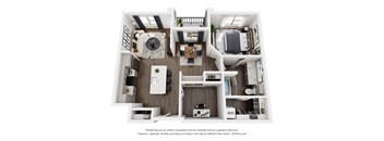 A 3D floor plan of a small apartment with a kitchen, living room, and bedroom.