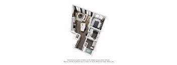 A 3D floor plan of a small apartment with a kitchen, living room, and bathroom.