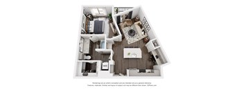 A 3D floor plan of a house with a kitchen, living room, and bedrooms.