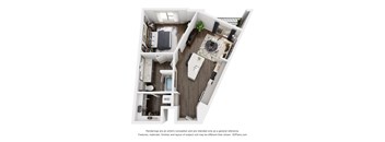 A 3D floor plan of a house with a kitchen, living room, and bathroom.