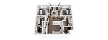 A 3D floor plan of a house with a kitchen, living room, and two bedrooms.