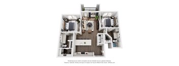 A 3D floor plan of a house with two bedrooms, a living room, a kitchen, and a bathroom.