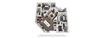 A 3D floor plan of a house with a kitchen, living room, and bedrooms.