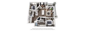 A 3D floor plan of a house with multiple rooms and furniture.