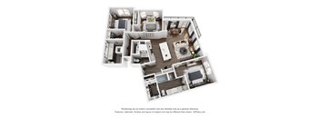 A 3D floor plan of a house with multiple rooms.