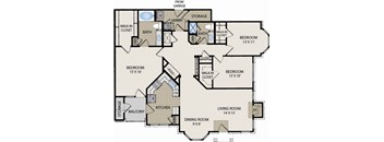 A floor plan of a house with a living room, two bedrooms, a kitchen, a dining room, a balcony, two bathrooms, a laundry room, and storage space.