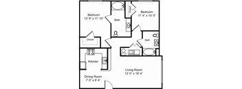 A black and white image of a house floor plan with a living room, two bedrooms, a dining room, and a kitchen.