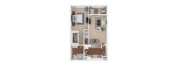 A top-down view of a small apartment with a bedroom, living room, and kitchen.