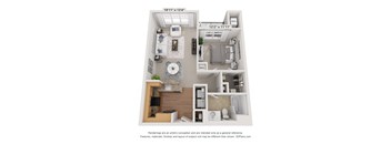 One bedroom apartment with 1 bathroom. Approximately 755 square feet. Floor plans are artist's rendering. All dimensions are approximate. 
Actual product and specifications may vary in dimension or detail. 
Not all features available in every apartment. Prices and availability are subject to change. Please contact a representative for details.