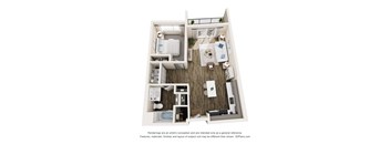 A 3D floor plan of a small apartment with a kitchen, living room, and bathroom.
