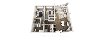 A 3D floor plan of a house with labeled rooms.