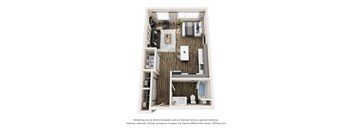 A 3D floor plan of a small apartment with a kitchen, living room, and bathroom.