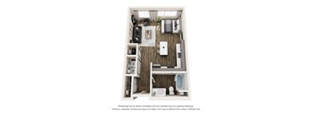 A 3D floor plan of a small apartment with a kitchen, living room, and bathroom.