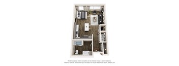 A 3D floor plan of a small apartment with a kitchen, living room, and bathroom.