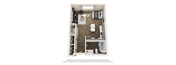 A 3D rendering of a small apartment with a kitchen, living room, and bathroom.